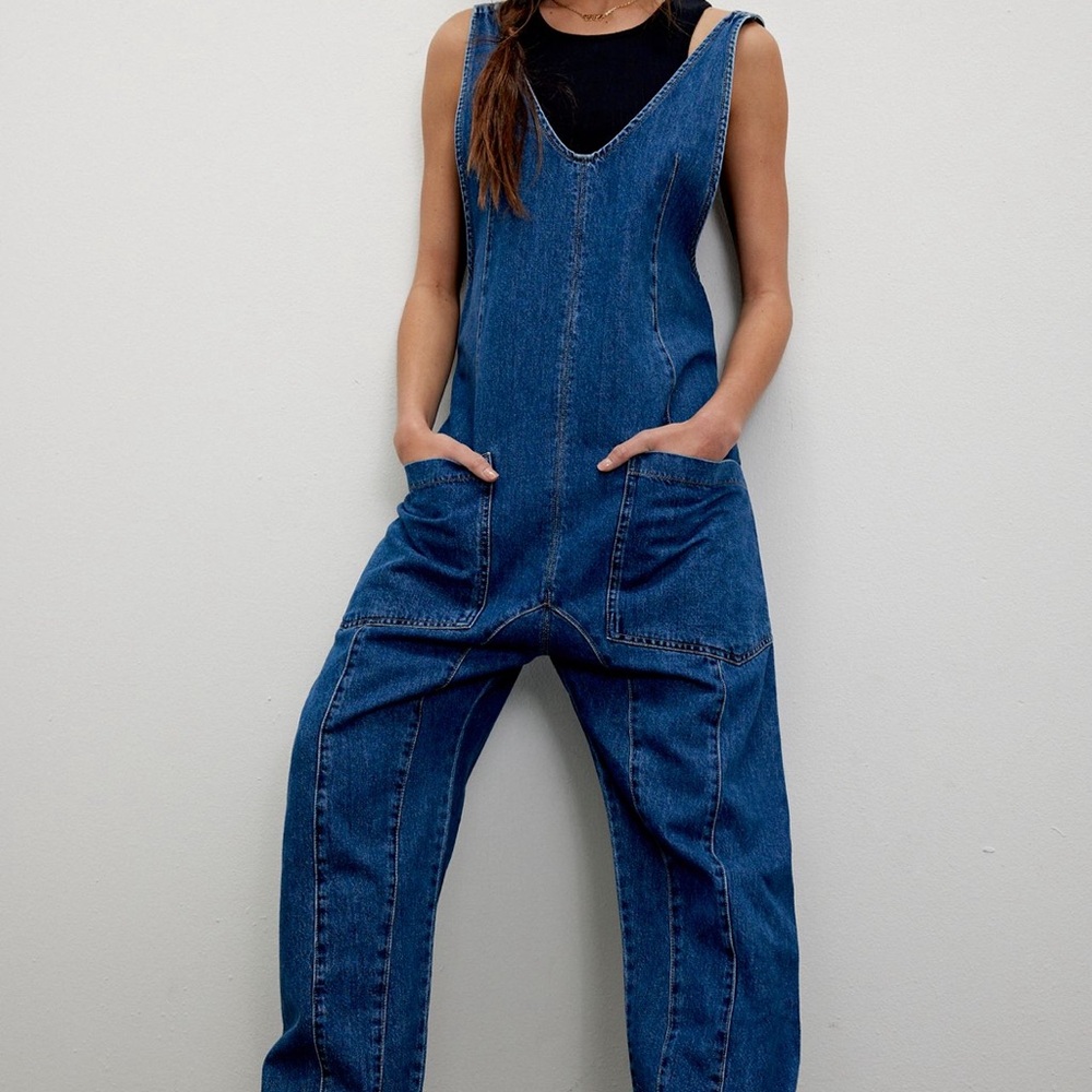 Free People High Roller Blue Denim Jumpsuit